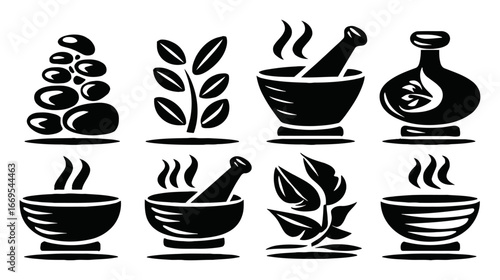 Herbal Remedies and Natural Ingredients with Mortar and Pestle Icons