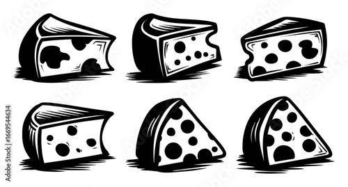 Various Cheese Pieces with Distinct Patterns and Textures in Black and White