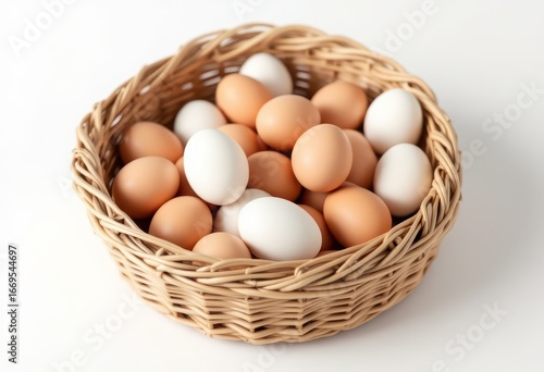 Wallpaper Mural A light brown wicker basket overflowing with a collection of brown and white chicken eggs sits against a stark white background Torontodigital.ca