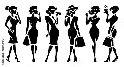 Elegant Silhouettes of Stylish Women with Accessories and Fashion Bags