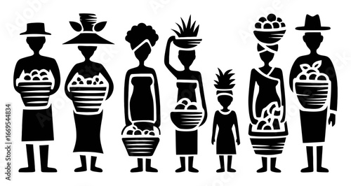 Silhouette of Diverse African Women Carrying Fruits in Baskets