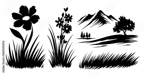 Silhouettes of Flower, Grass, and Tree Against Mountainous Landscape