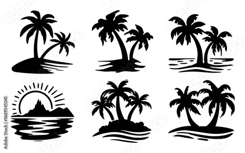 Tropical Island Scene Collection with Palm Trees and Water Background