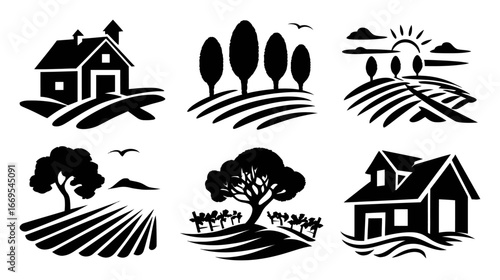 Farm Landscape Icons Featuring Houses, Trees, Fields, and Sunsets