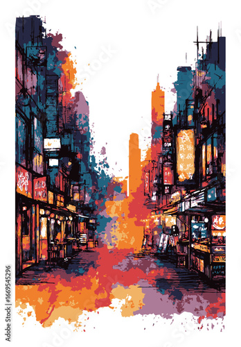 Vibrant Abstract Urban Scene Illustration with Colorful Street Elements