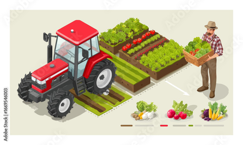 3D Cartoon Tractor and Farmer with Bounty of Fresh Vegetables