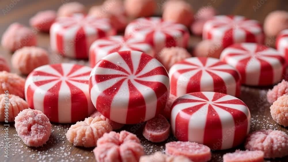 Close up of red and white striped peppermint candies with pink flower shaped candies around them
