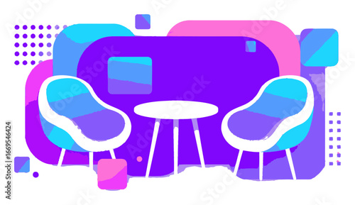 Modern Vector Illustration of Stylish Chairs and Table on Colorful Background