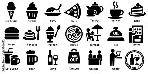 フード＆ドリンク黒単色アイコン、Restaurant & Cafe Pictograms 
