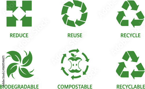 Reduce Reuse Recycle Biodegradable Compostable Recyclable icons on white background