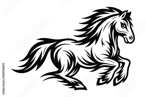 Stallion galloping in black and white with artistic tribal style on white