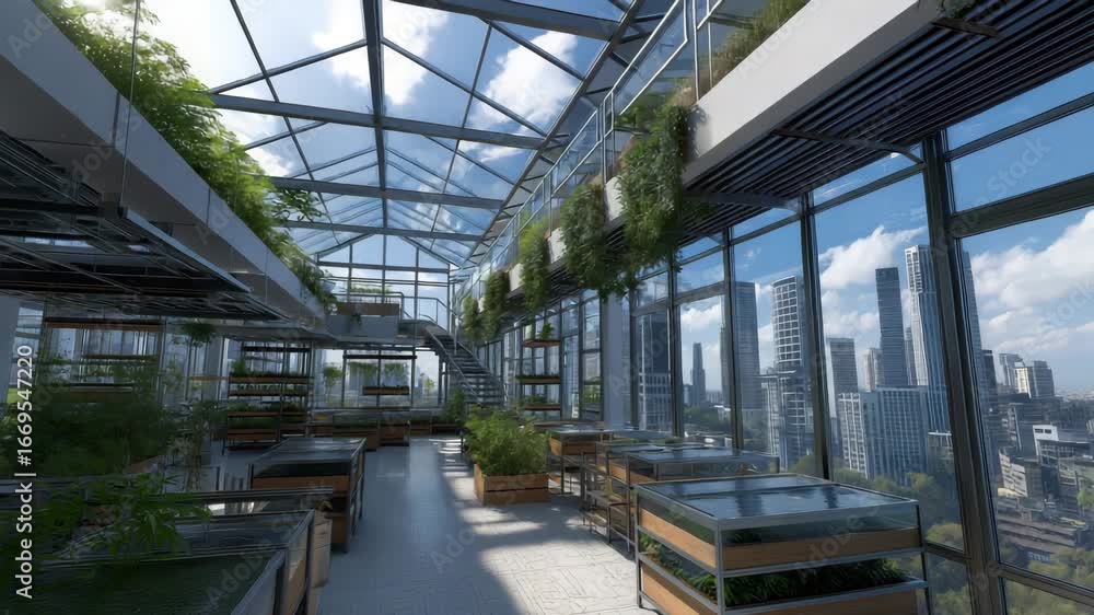 A large room with many plants and a staircase. Rooftop greenhouse with vertical aquaponics racks and fish tanks overlooking city buildings, vertical aquaponics farm, futuristic clean vibe A large room with many plants and a staircase. Rooftop greenhouse with vertical aquaponics racks and fish tanks overlooking city buildings, vertical aquaponics farm, futuristic clean vibe