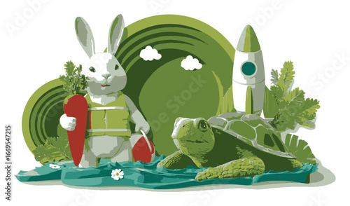Whimsical Illustration of Rabbit and Turtle in a Green Landscape Scene