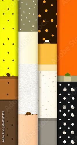 Stylized vertical stripes of various colored backgrounds with dot patterns and simple abstract ground levels