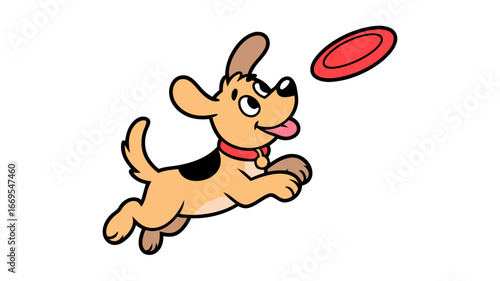 A playful cartoon puppy jumps to catch a red frisbee, , showcasing a fun and active moment with a happy domestic animal