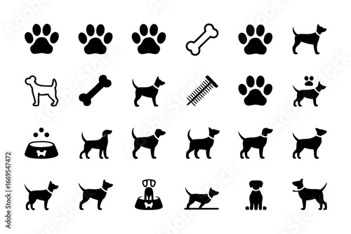 A collection of dog icons featuring paws, bones, and dog silhouettes, , representing various aspects of pet ownership