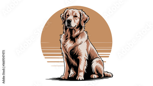 A golden retriever dog sitting with a brown circle background, showcasing its beauty and charm in a simple yet elegant design