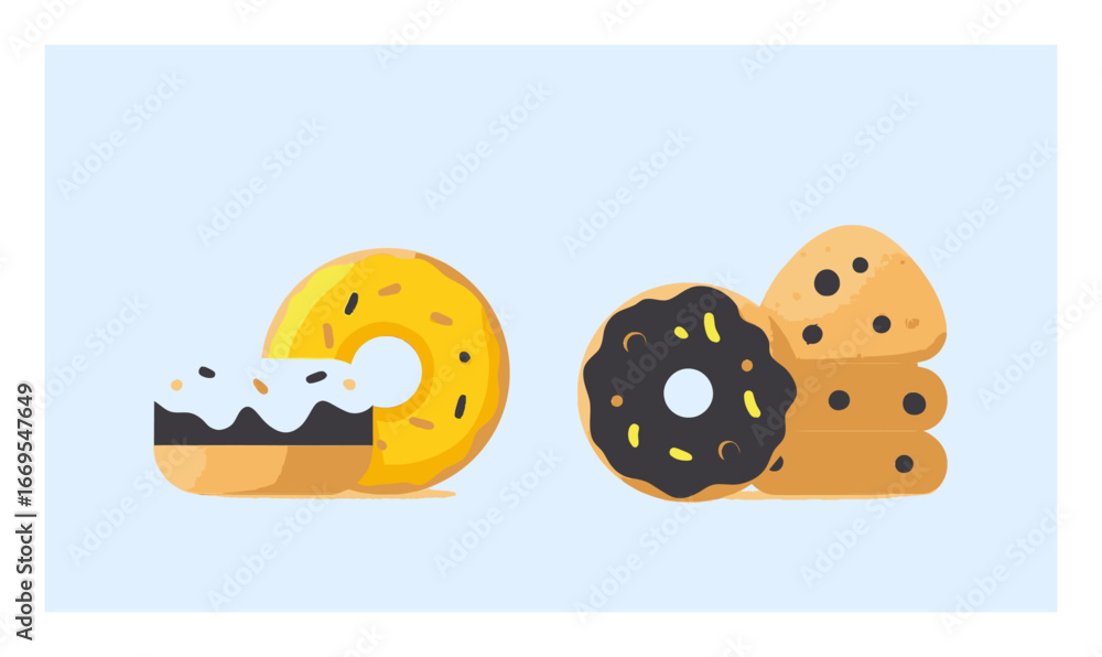Naklejka premium Colorful Cartoon Donuts and Cookies on a Light Blue Background
