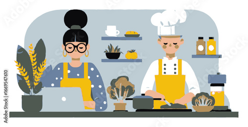 Flat Cartoon Kitchen Scene with Chef and Woman Working at Laptop