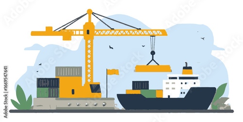 Cartoon Construction Crane and Cargo Ship in Flat Style Illustration