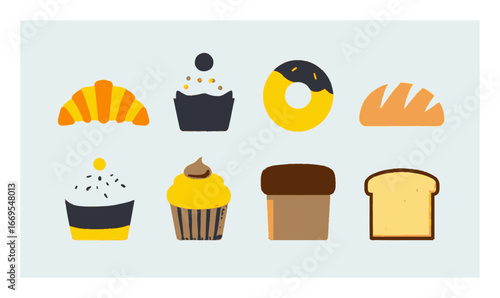 Colorful Cartoon Bakery Items on a Light Blue Background for Food Theme