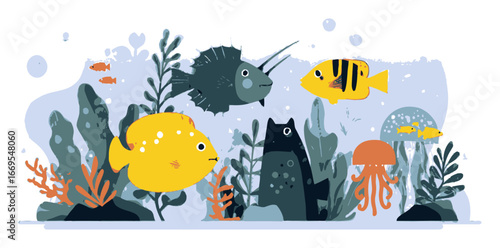 Colorful Cartoon Underwater Scene with Fish and Sea Creatures