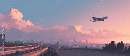 Sunset over the city and mountains with clouds in the sky