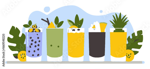 Colorful Cartoon Drinks Array Featuring Fresh Ingredients and Tropical Vibes