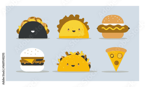 Cute Cartoon Food Characters with Smiling Faces and Fun Designs