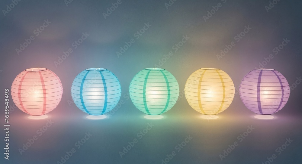 Fototapeta premium Five vibrant pastel paper lanterns glowing softly in a harmonious row. Decorative lights cast a serene, festive ambiance, perfect for tranquil settings or celebrations