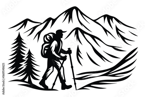 Silhouette hiker with backpack and trekking poles traverses mountain landscape near evergreens