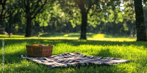 Fototapeta Naklejka Na Ścianę i Meble -  A picnic blanket spread on fresh grass in a park Stock photo