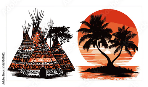 Abstract Illustration of Teepees and Palm Trees Against a Sunset Background