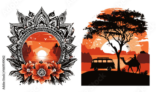 Vibrant Abstract Illustration of Sunset with Nature and Adventure Elements
