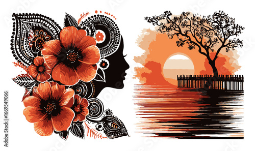 Elegant Abstract Illustration of Woman's Profile and Scenic Sunset
