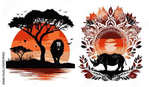Majestic African Wildlife Silhouette with Sunset and Ornate Design