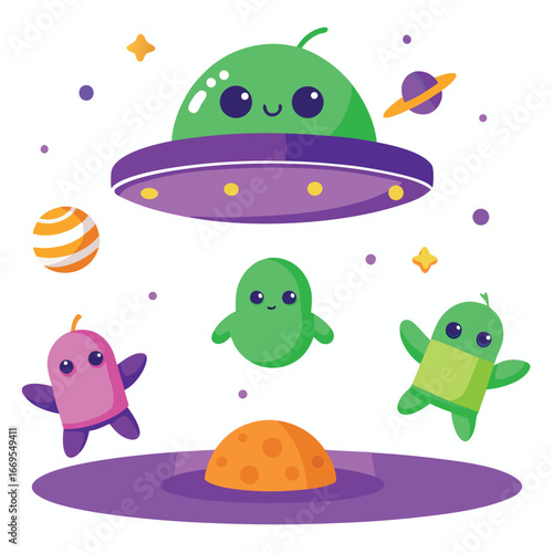 Tshirt vector art of friendly aliens and ufo in space with planets and stars, science fiction illustration