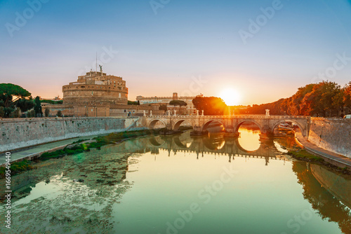 Photography 08 08 2025 Rome, Italy - View of Castel Sant Angelo and bridge at sunrise