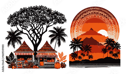 Vibrant Abstract Illustration of Tropical Landscape and Market Scene