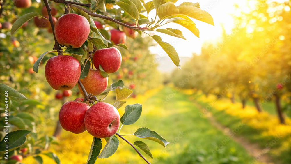 Fototapeta premium Red Apple hanging tree in garden, Red Apple tree in natural warm sunlight view