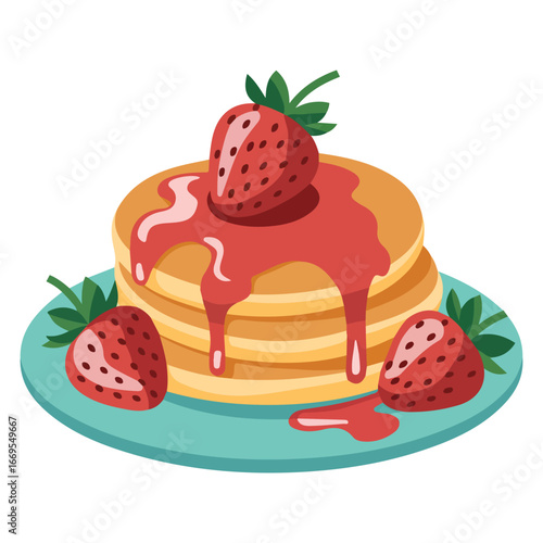 Strawberry jam pancakes with fresh strawberries vector illustration