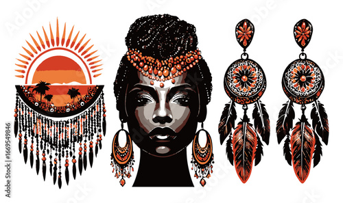 Abstract Illustration of African Woman with Decorative Accents and Jewelry
