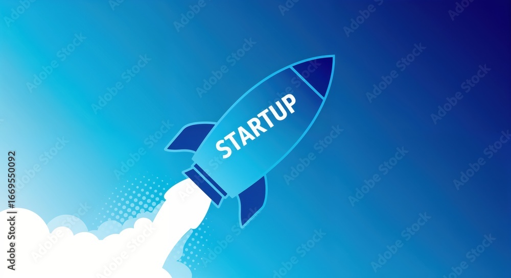Obraz premium Startup Ascendancy: A dynamic graphic depicts a stylized rocket ascending through a gradient sky, symbolizing the launch and growth of a new business venture.