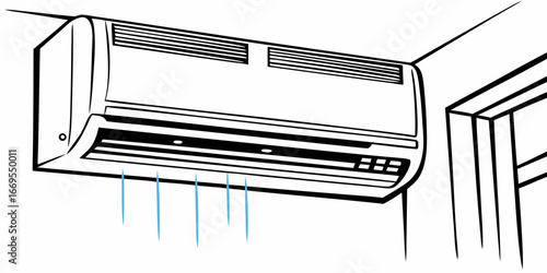 Illustration of a wall mounted air conditioning unit emitting cool air in a room corner space view on transparent background