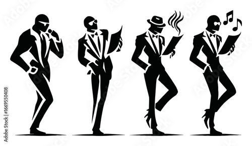 Stylish Silhouette of Four Music Performers in Elegant Attire