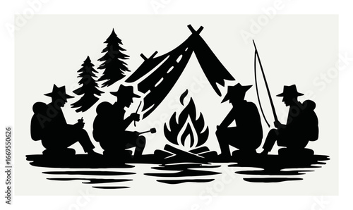Camping Scene with Silhouetted Campers by a Fire and Tent