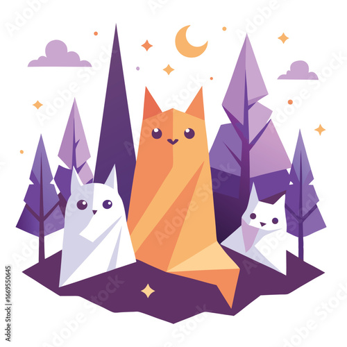 Tshirt vector art of three stylized cats in a minimalist forest setting with a crescent moon and stars