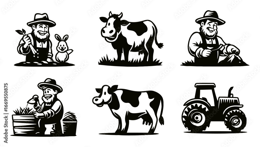 Obraz premium Vintage Farm Life Icons Including Farmers Animals and Tractor Graphics