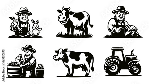Vintage Farm Life Icons Including Farmers Animals and Tractor Graphics