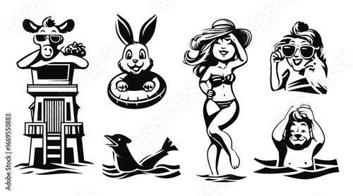 Playful Beach Icons Featuring Animals and Fun Activities at the Shore